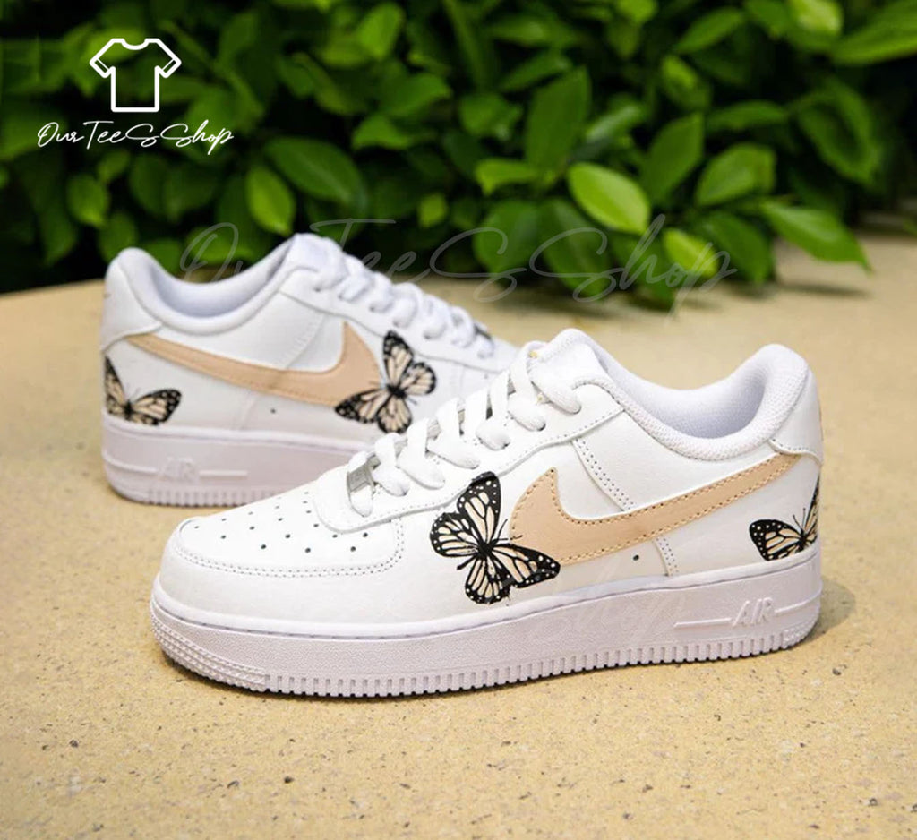 Custom Beige Butterfly Air Force 1 Sneakers