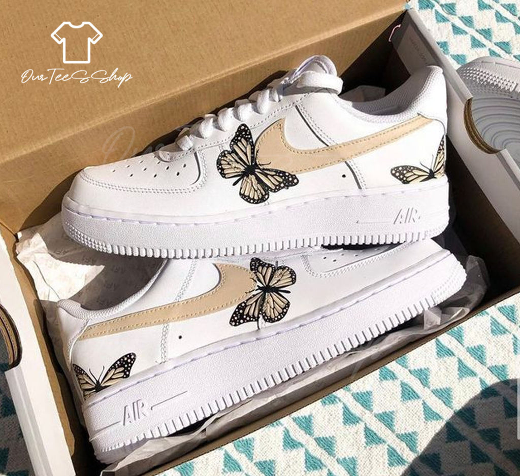 Custom Beige Butterfly Air Force 1 Sneakers