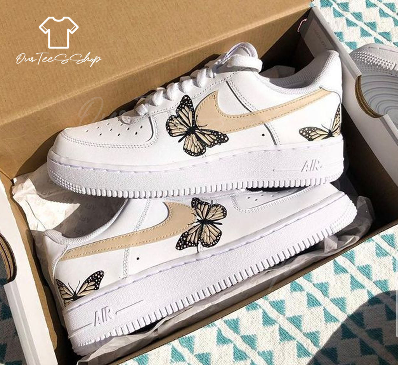 Custom Beige Butterfly Air Force 1 Sneakers