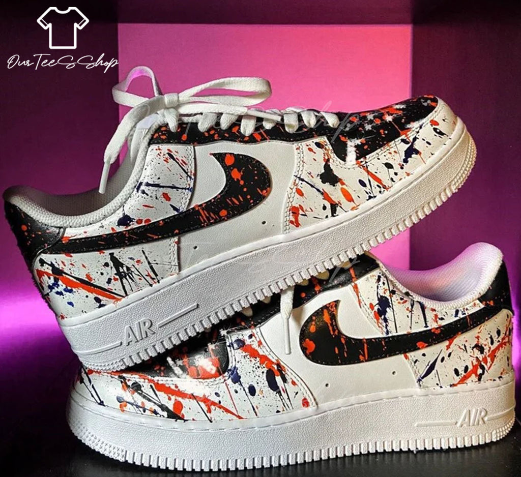 Custom Air Force 1 Orange Splatter White Sneakers