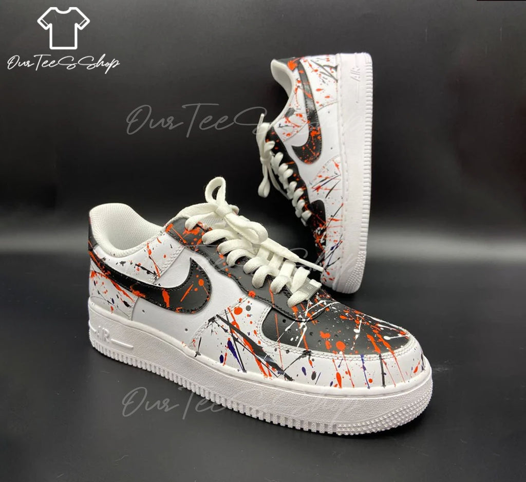 Custom Air Force 1 Orange Splatter White Sneakers
