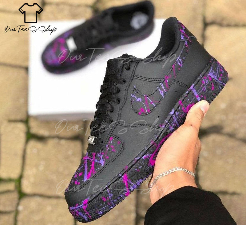 Custom Air Force 1 Black Purple Splatter Sneakers