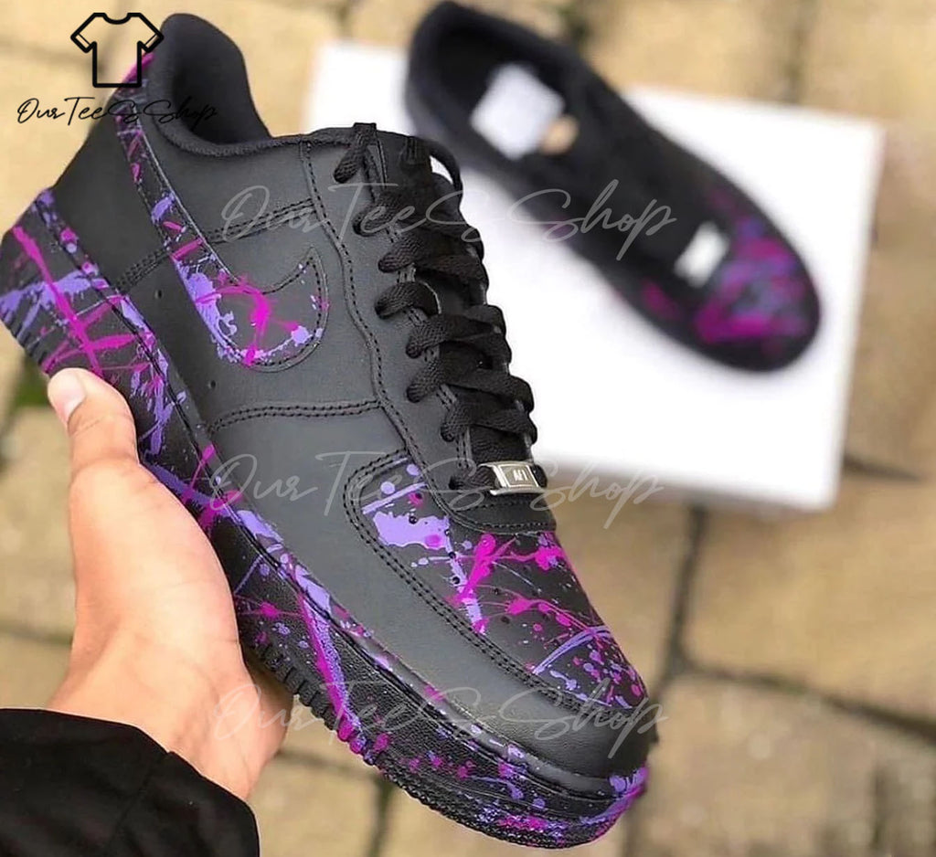 Custom Air Force 1 Black Purple Splatter Sneakers