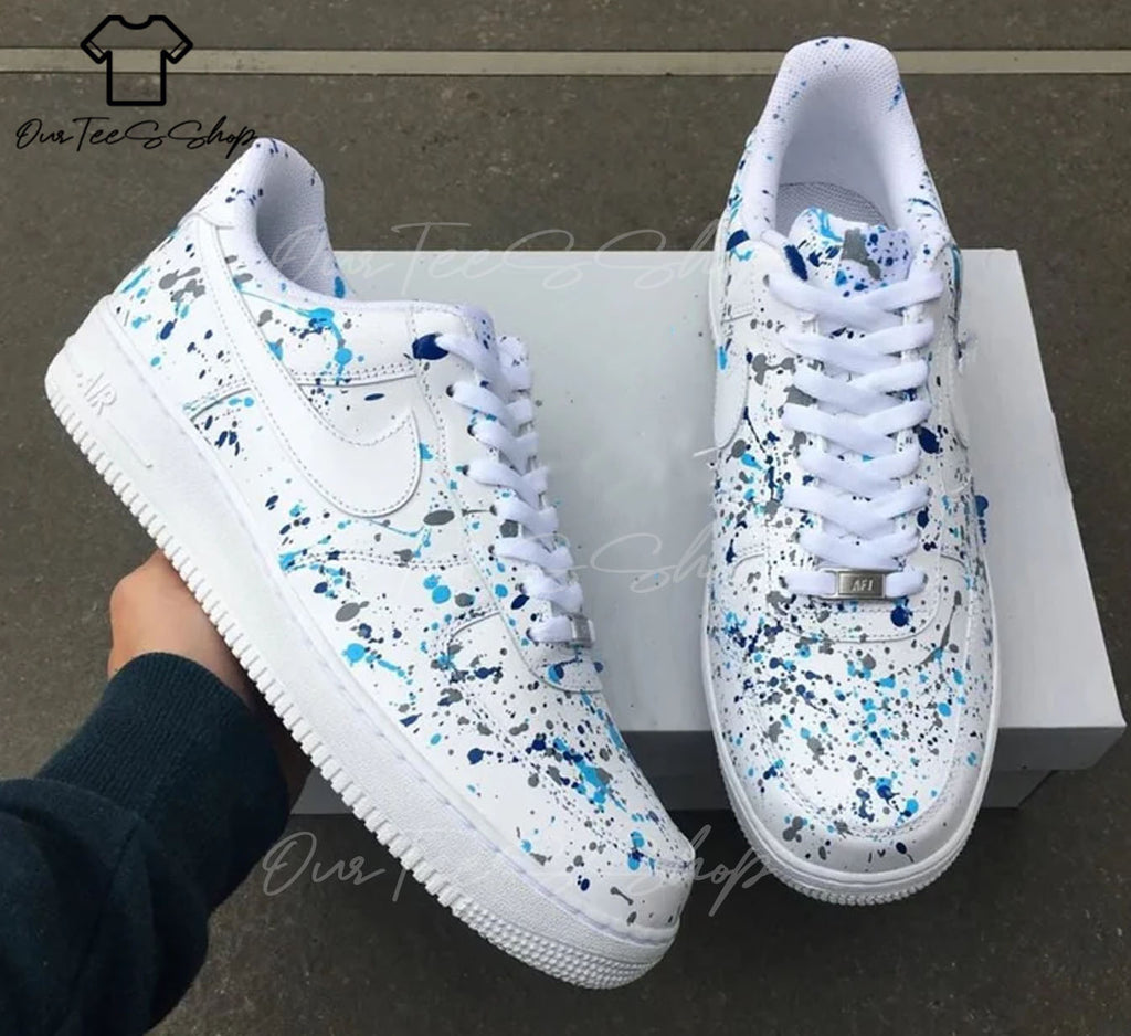 Custom Air Force 1 Blue Splatter White Sneakers