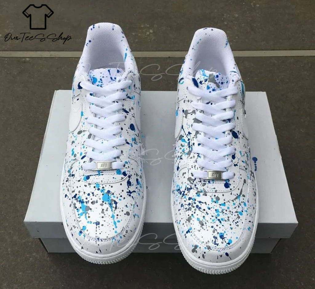 Custom Air Force 1 Blue Splatter White Sneakers