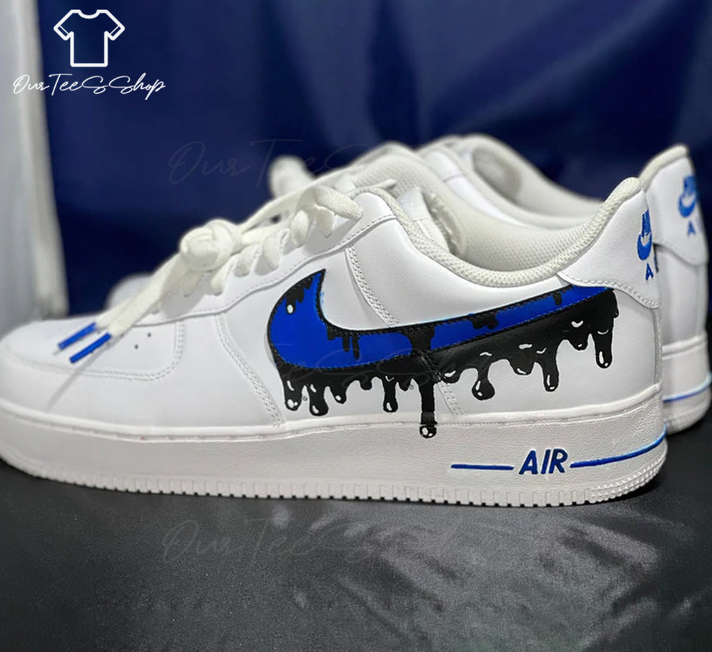 Custom Air Force 1 Blue and Black Drip, Personalized Shoes