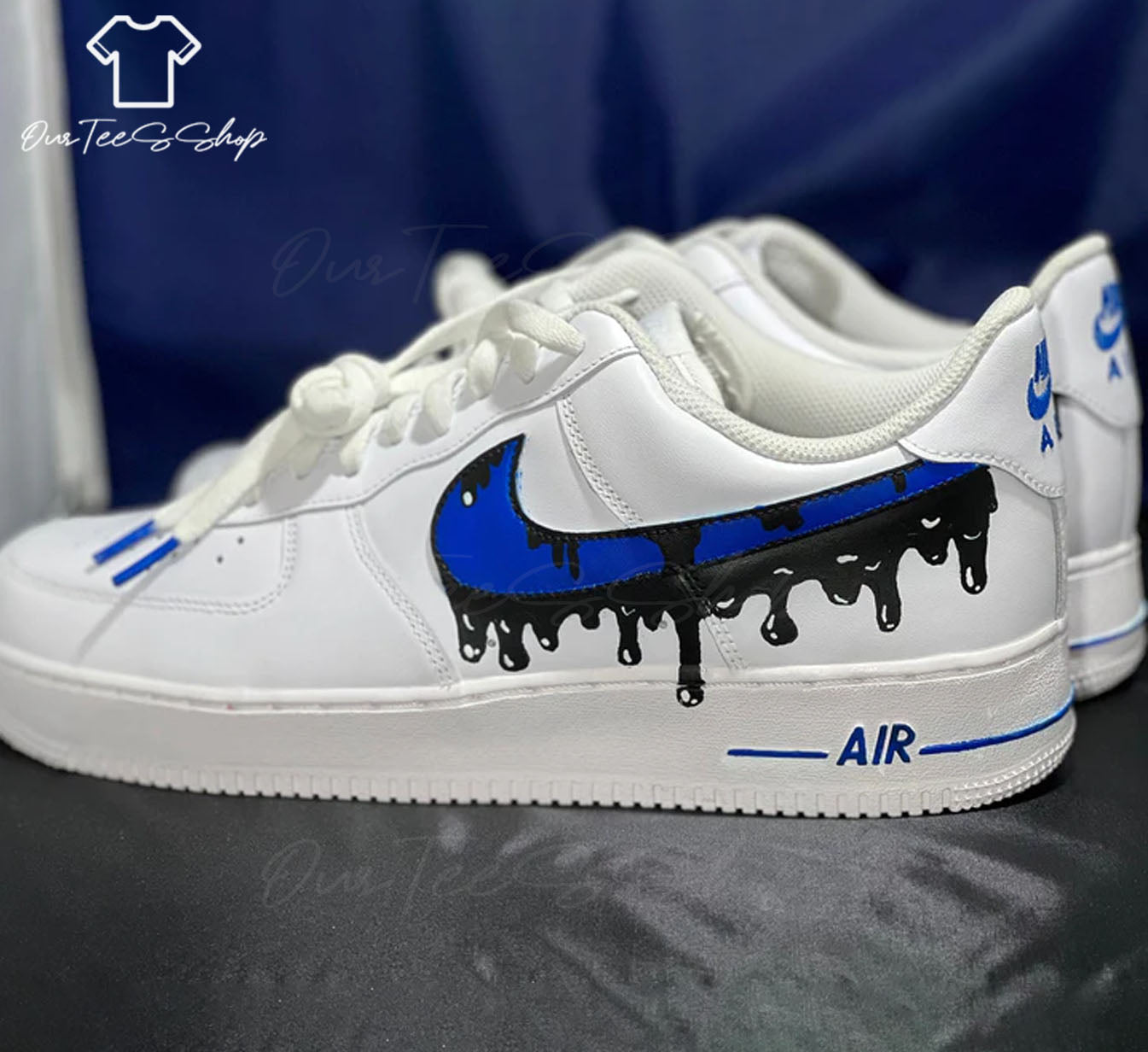 Custom Air Force 1 Blue and Black Drip, Personalized Shoes