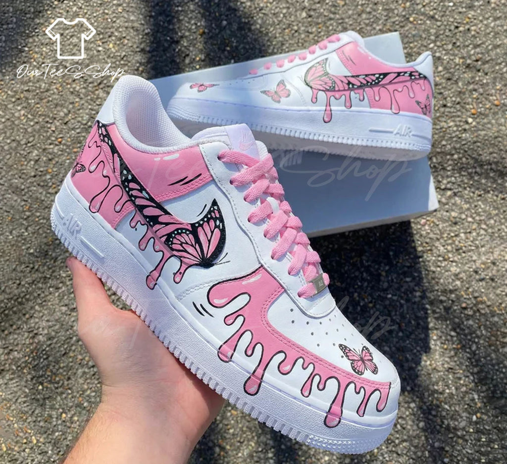 Custom Butterfly Drip Pink Air Force 1 Sneakers