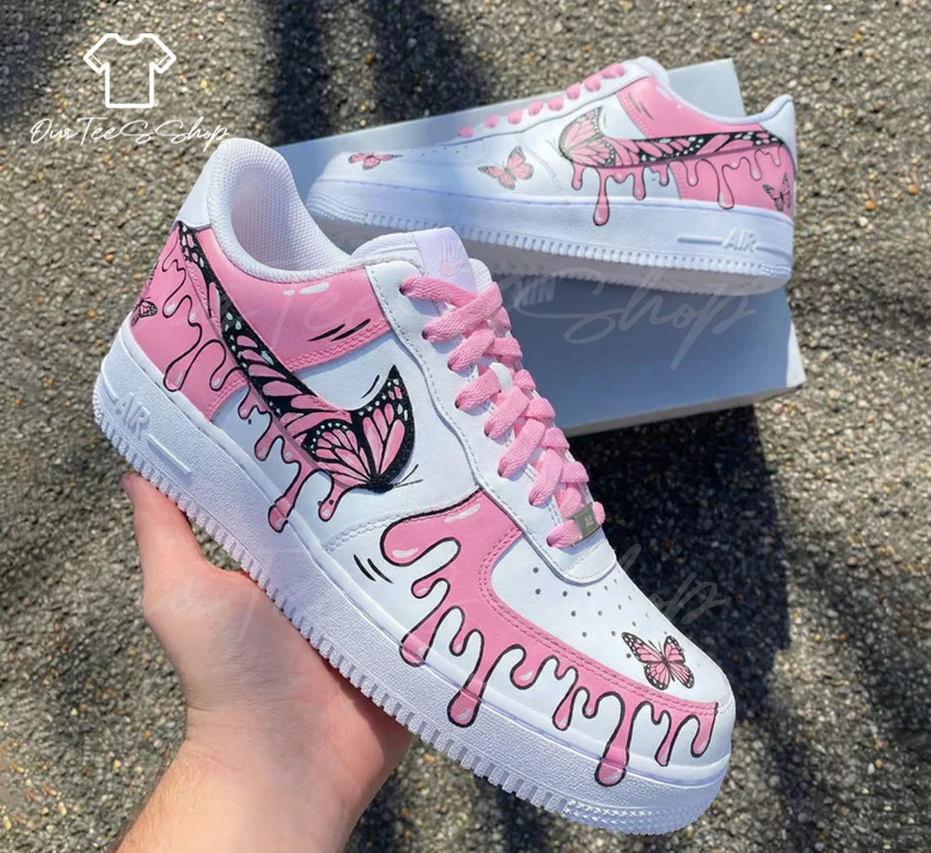 Custom Butterfly Drip Pink Air Force 1 Sneakers