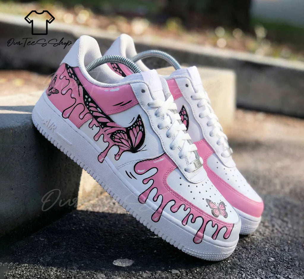 Custom Butterfly Drip Pink Air Force 1 Sneakers