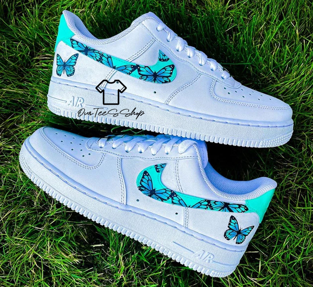 Custom Air Force 1 Blue Butterfly Mint Sneakers