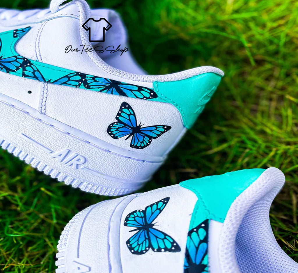 Custom Air Force 1 Blue Butterfly Mint Sneakers