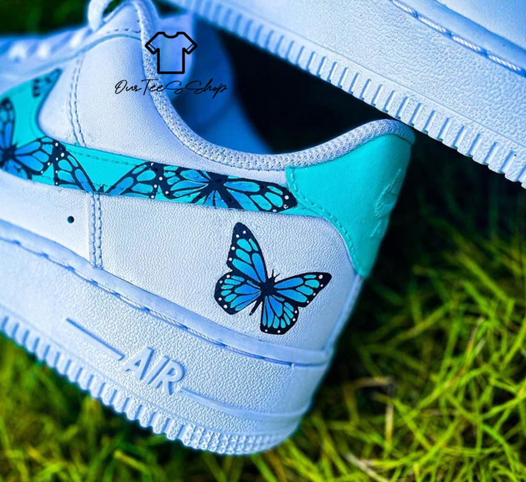 Custom Air Force 1 Blue Butterfly Mint Sneakers