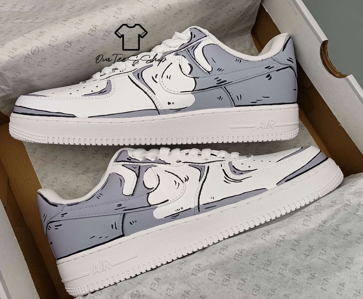 Custom Air Force 1 Cartoon Gray White Sneakers