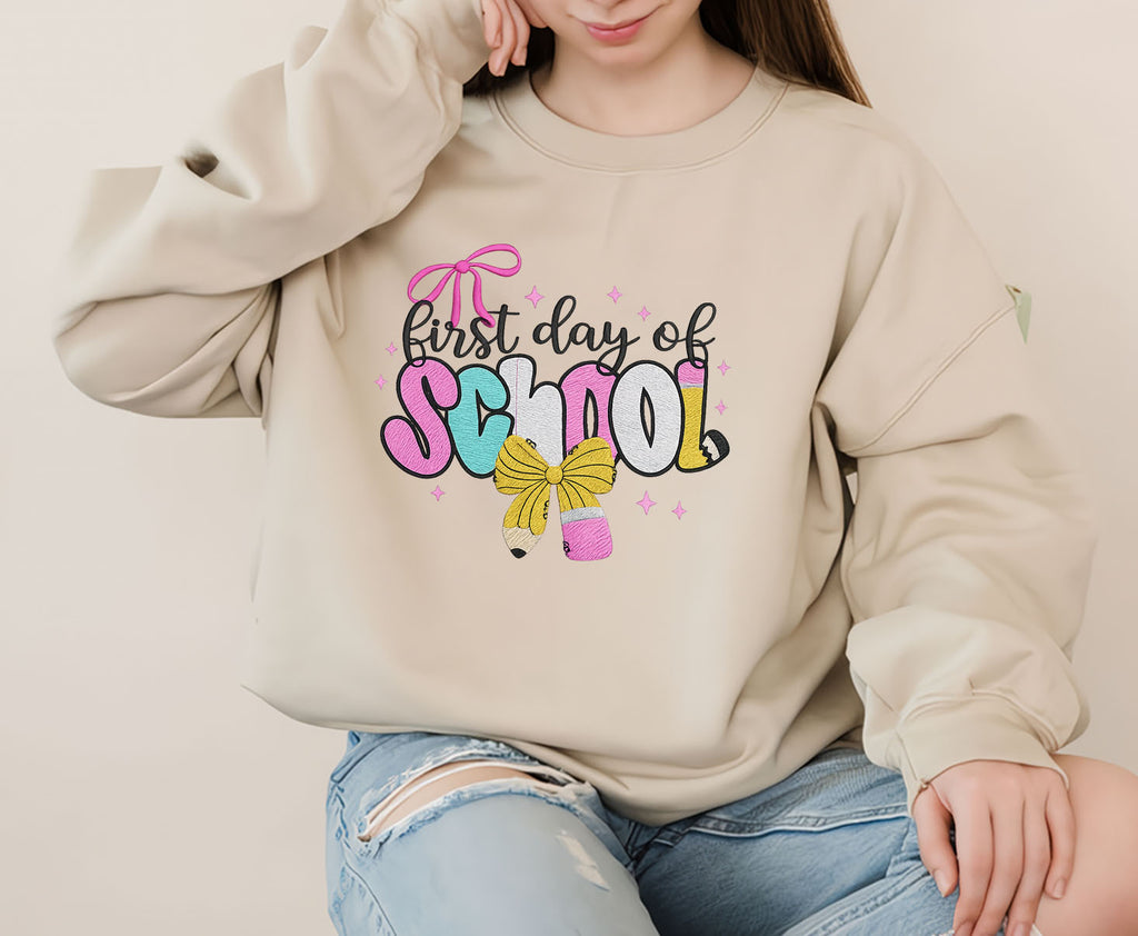 Coquette First Day of School Embroidered Sweatshirt, Back To School Embroidered T-shirt