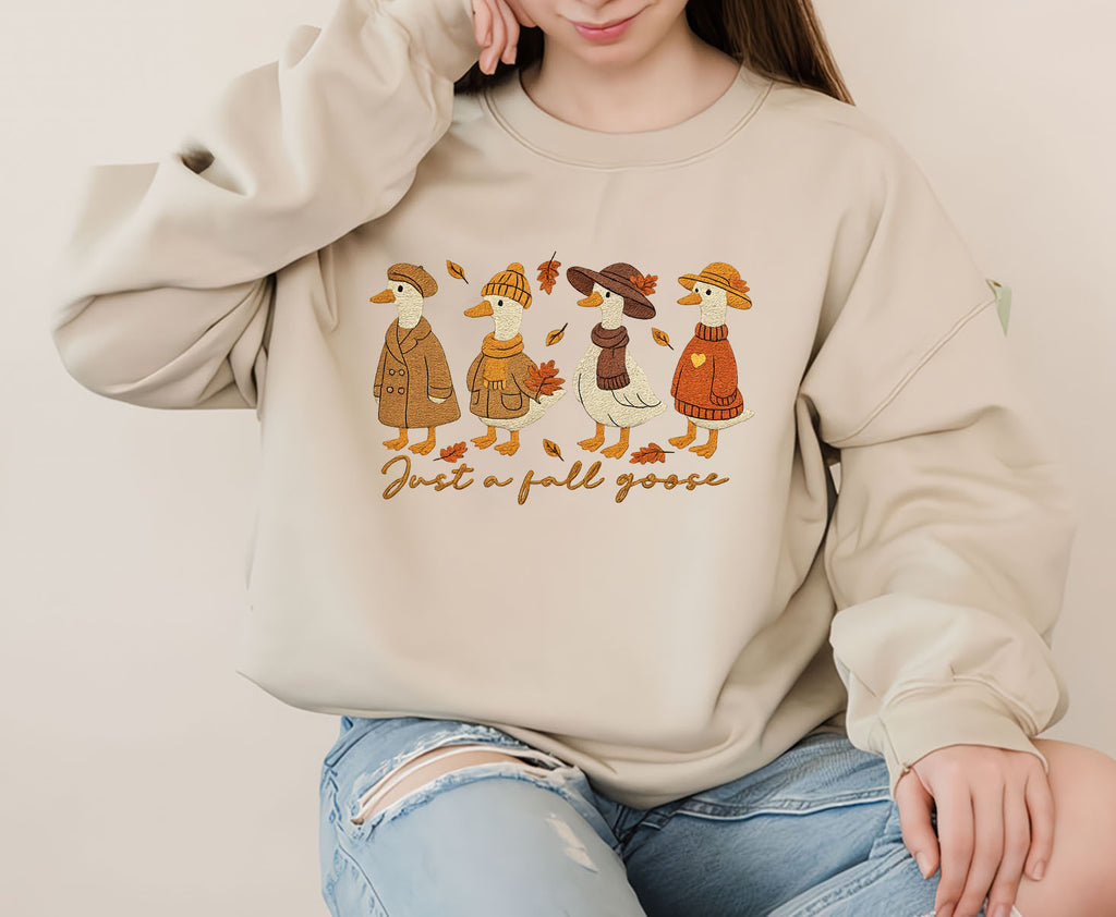 Fall Goose Embroidered Sweatshirt, Autumn Goose Embroidered Hoodie Gifts For Halloween