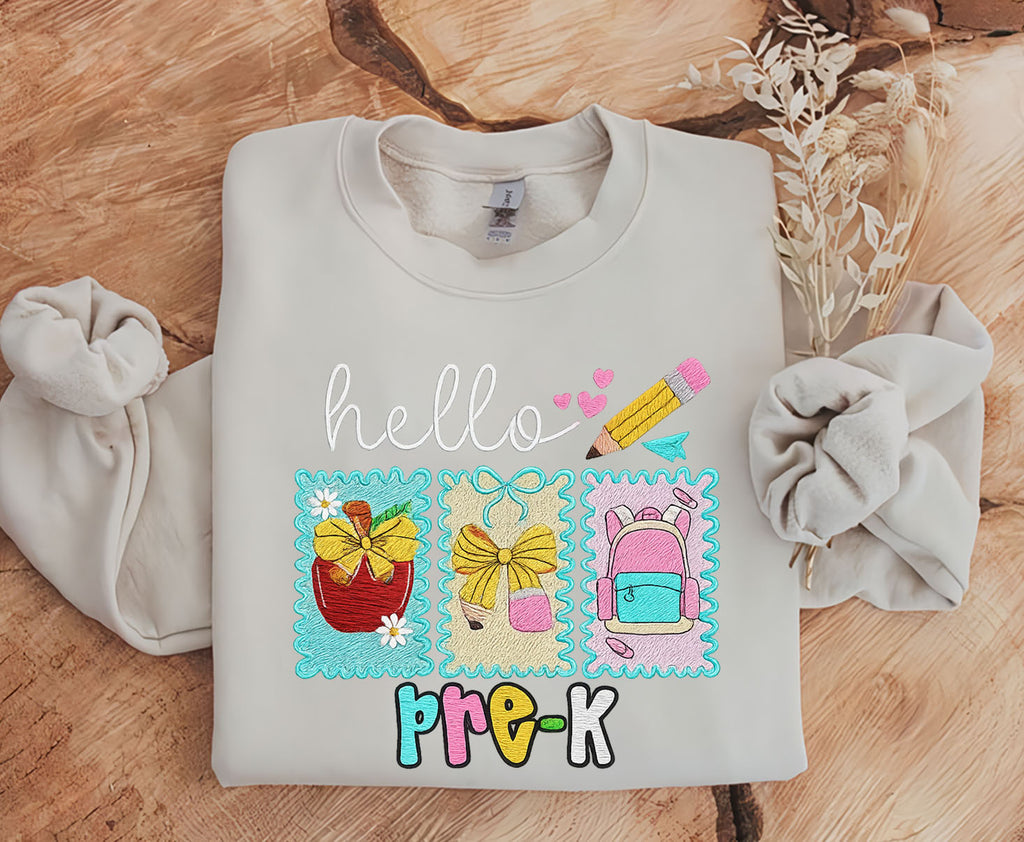 Hello Pre-K Embroidered Sweatshirt, Back To School Embroidered T-shirt