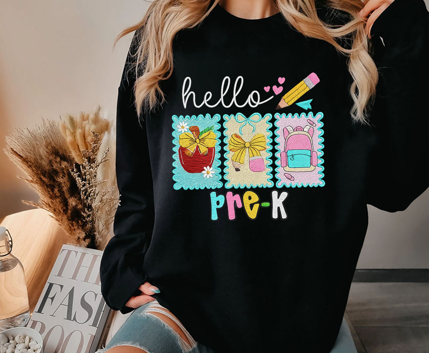 Hello Pre-K Embroidered Sweatshirt, Back To School Embroidered T-shirt