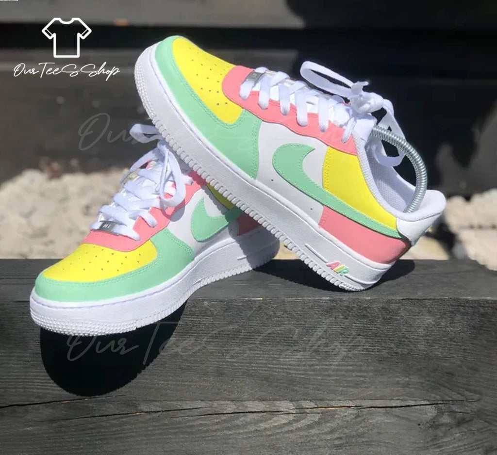Custom Pink Green Yellow Air Force 1 Sneakers