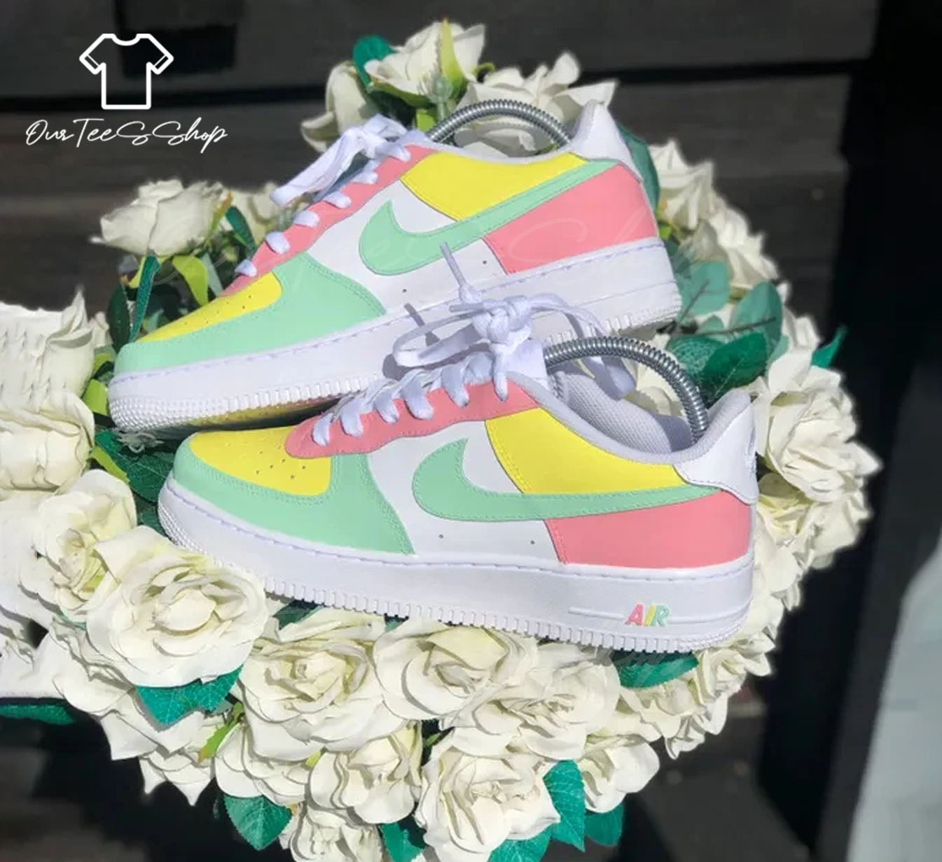 Custom Pink Green Yellow Air Force 1 Sneakers