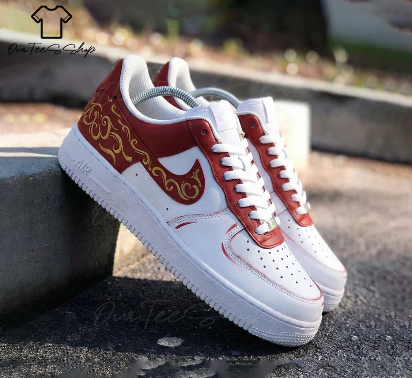 Custom Air Force 1 Pattern Red And Gold, Personalized Shoes