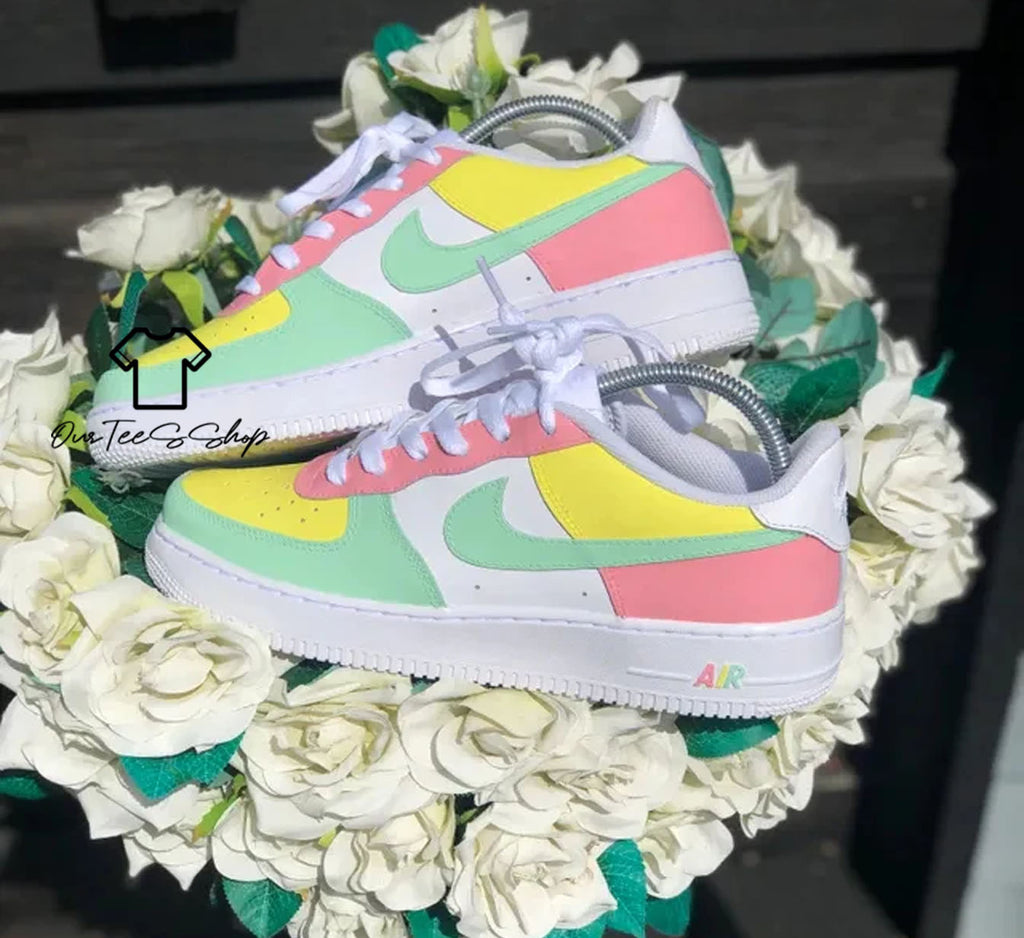 Custom Air Force 1 Pink Yellow Green Swoosh Sneakers