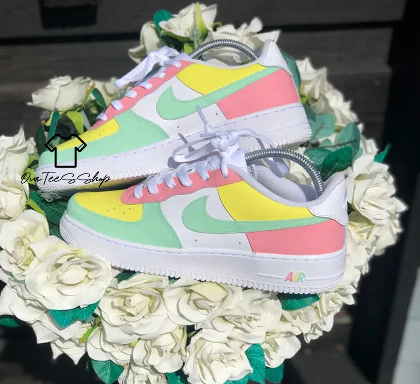 Custom Air Force 1 Pink Yellow Green Swoosh Sneakers