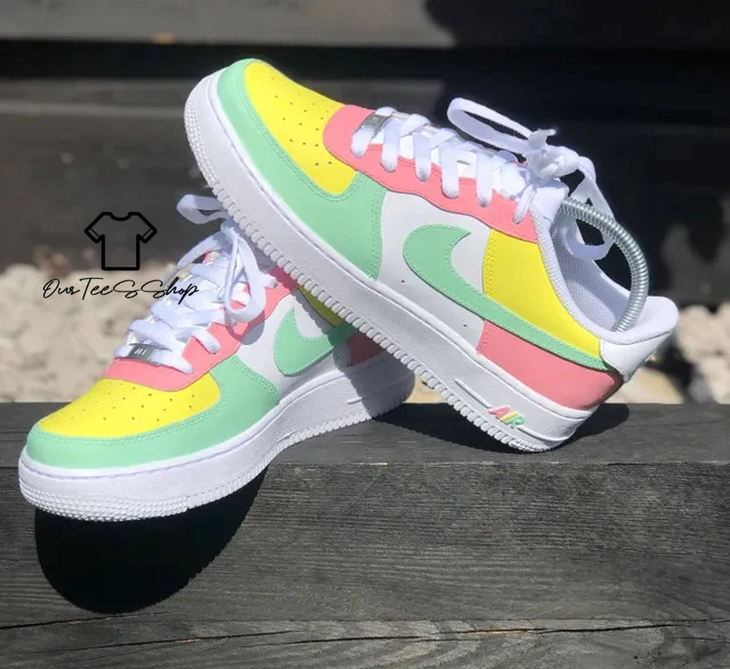Custom Air Force 1 Pink Yellow Green Swoosh Sneakers