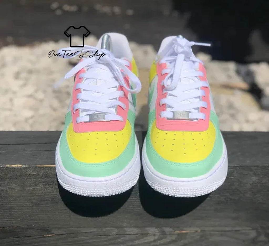 Custom Air Force 1 Pink Yellow Green Swoosh Sneakers