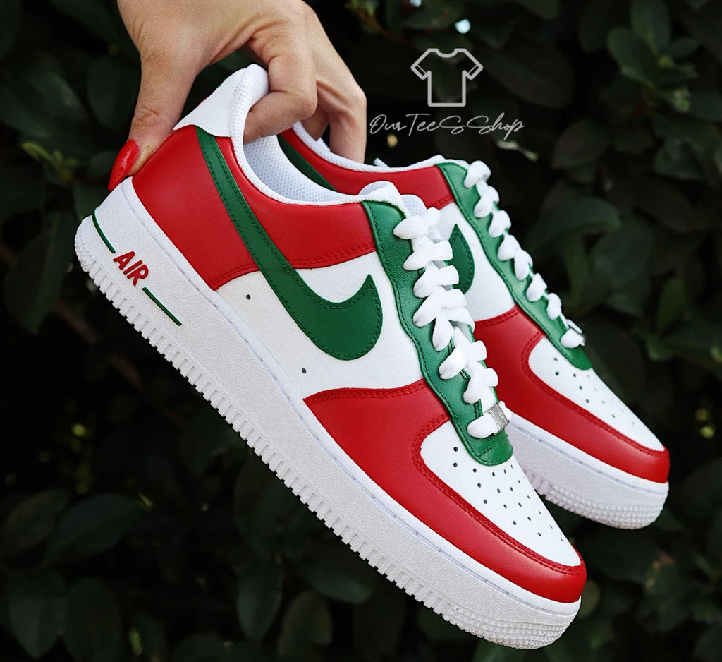 Custom Air Force Red And Green Swoosh Sneakers