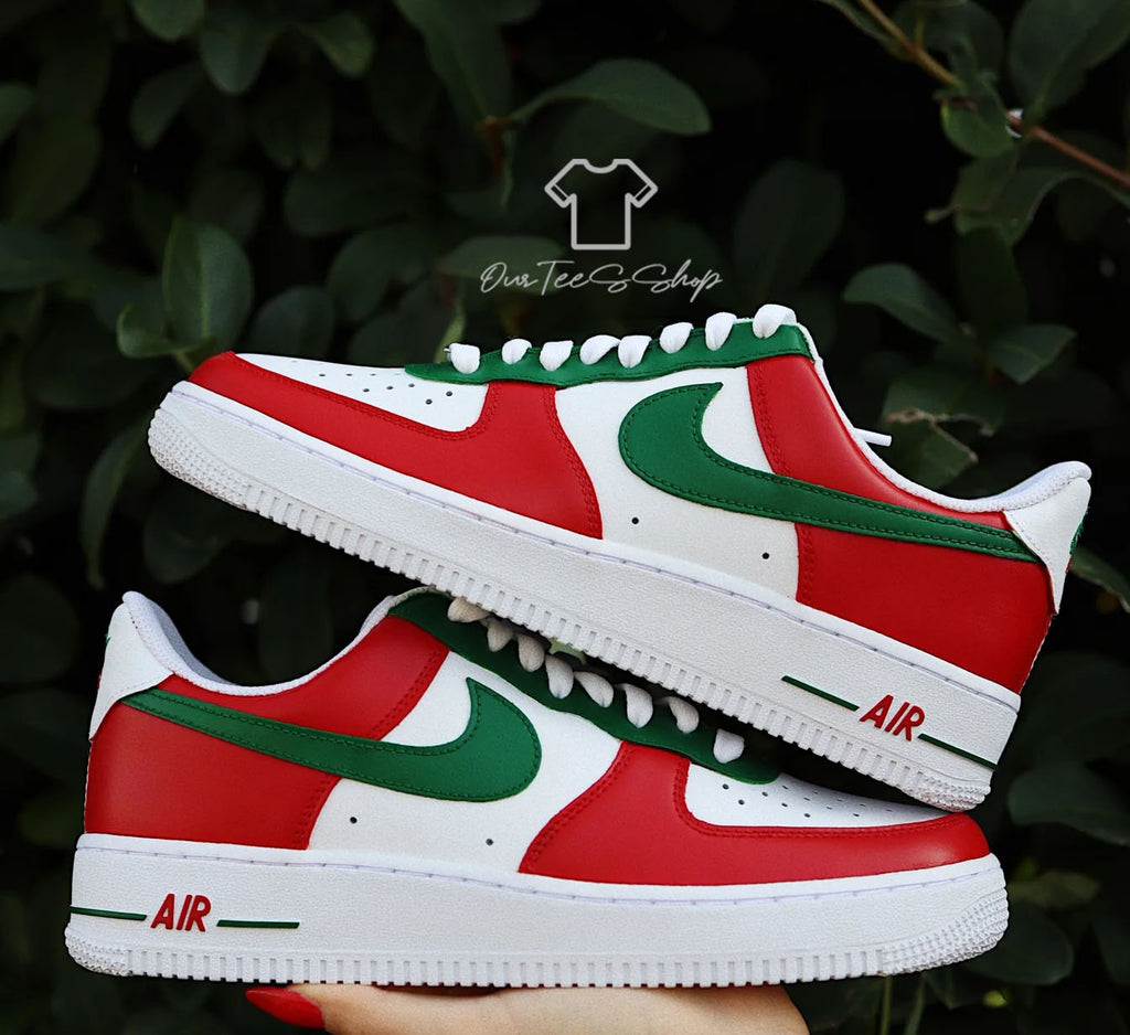 Custom Air Force Red And Green Swoosh Sneakers