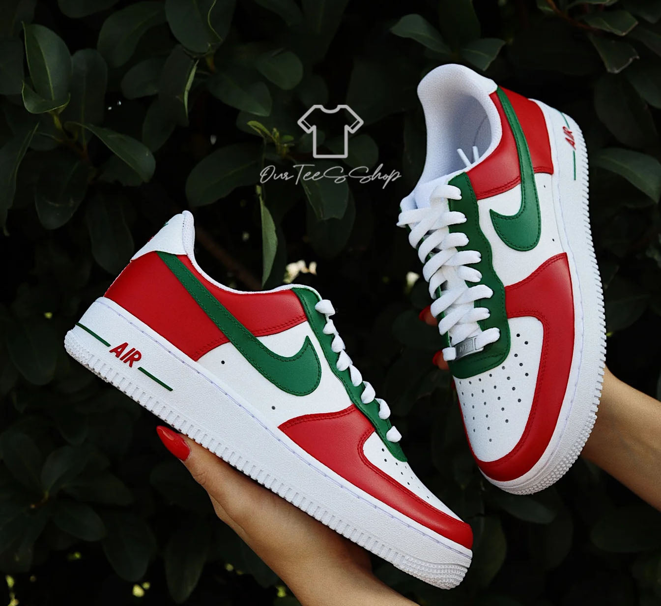 Custom Air Force Red And Green Swoosh Sneakers