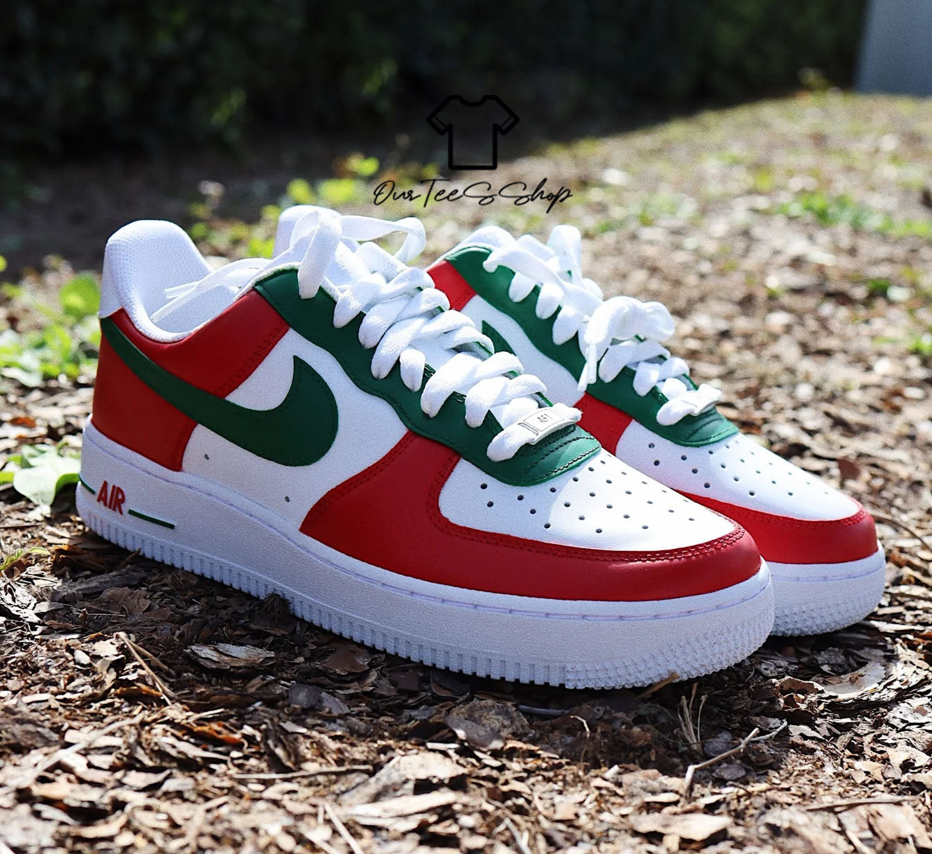 Custom Air Force Red And Green Swoosh Sneakers