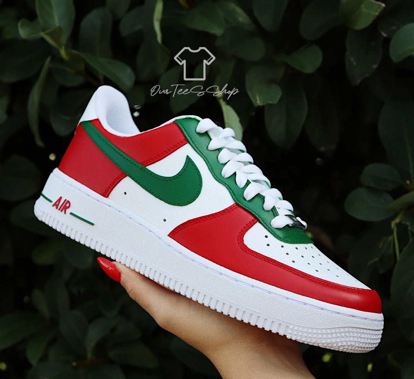 Custom Air Force Red And Green Swoosh Sneakers