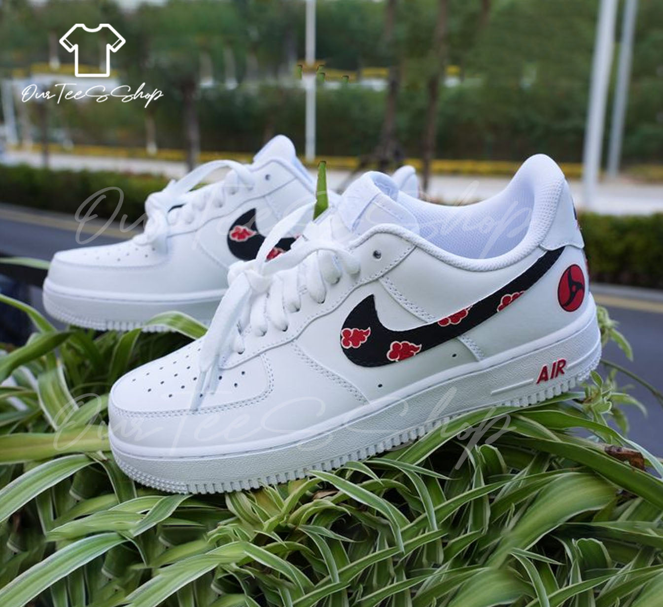 Custom Red Cloud And Black Logo Patterns Air Force 1 Sneakers