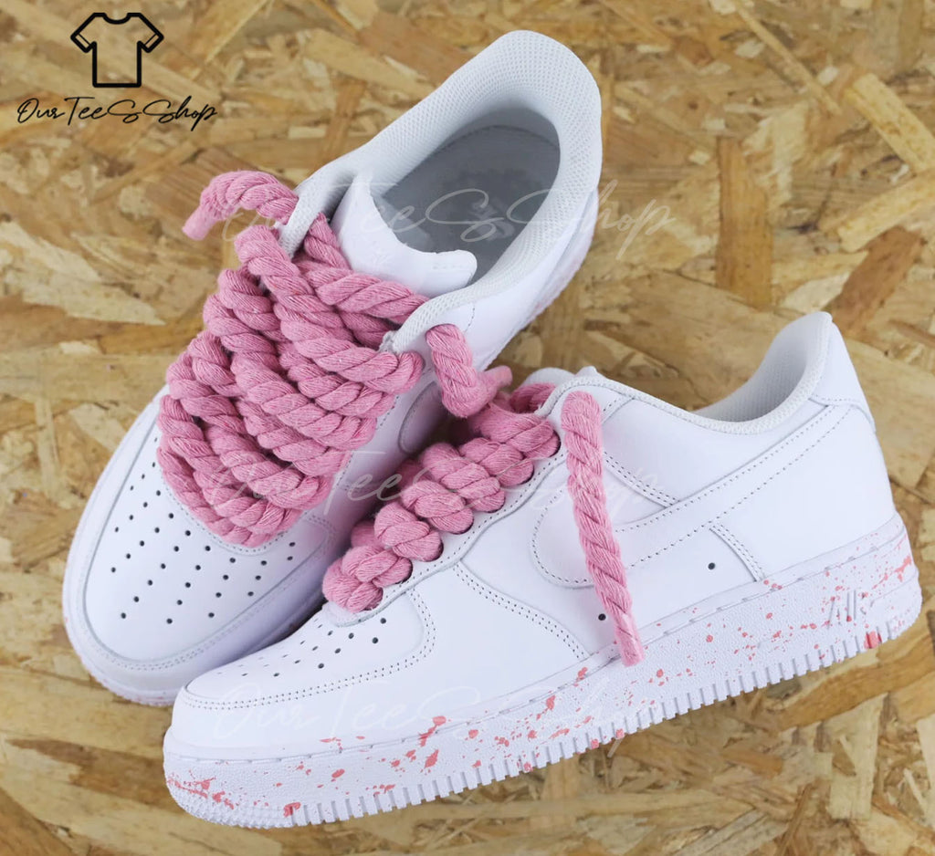 Custom Air Force 1 Pink Rope Laces Splash Sneakers