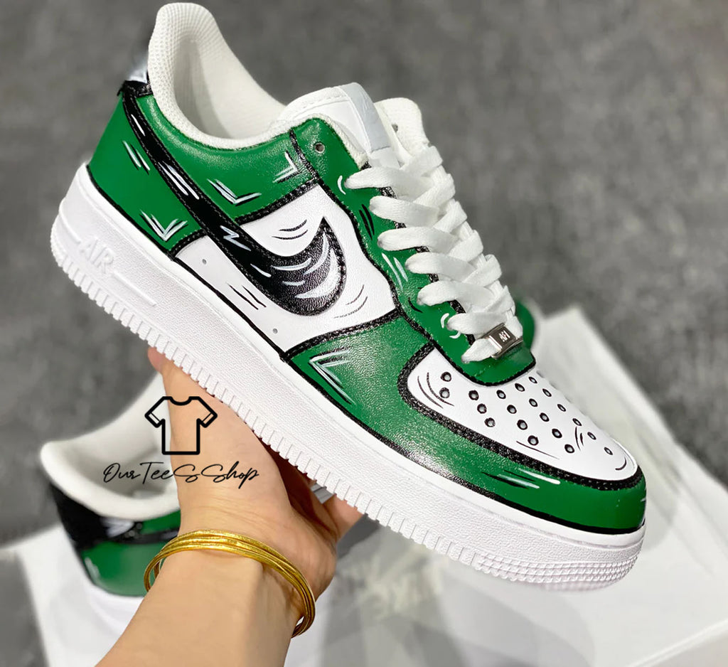 Custom Air Force 1 Sage Green Cartoon Sneakers