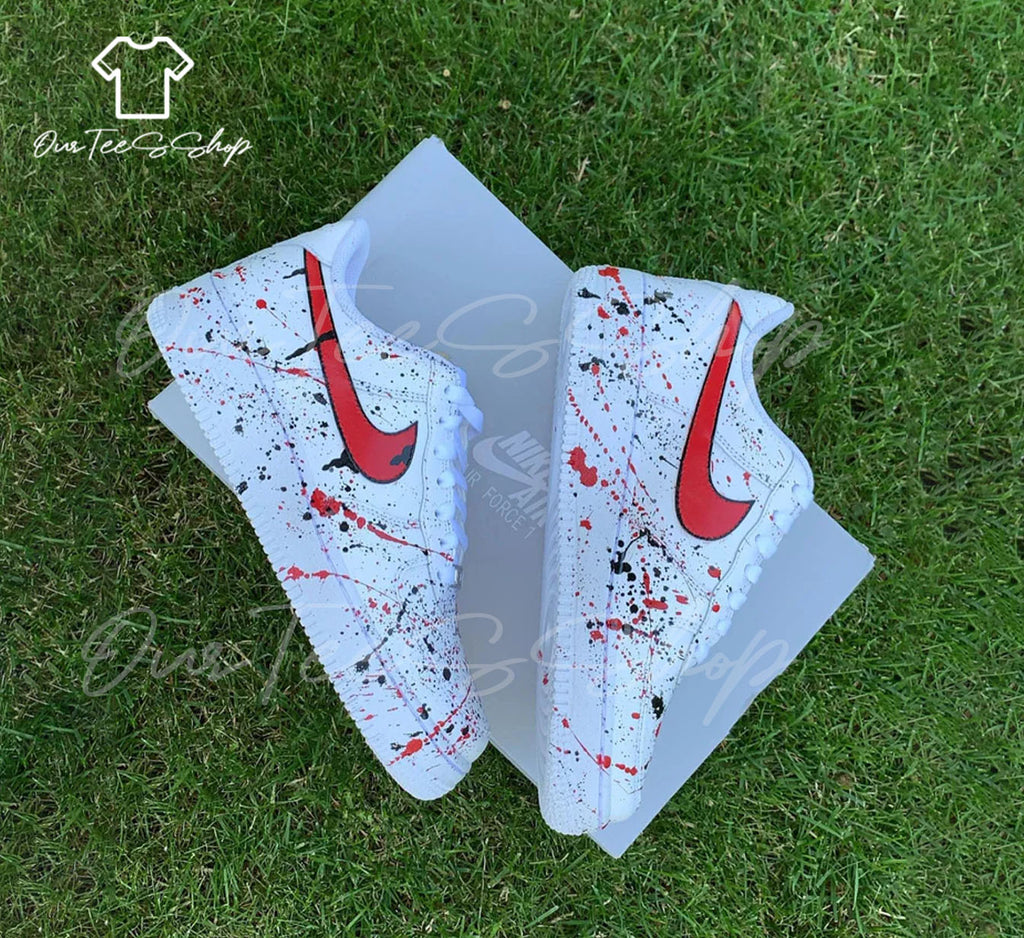Custom Splatter Black and Red Air Force 1 Sneakers