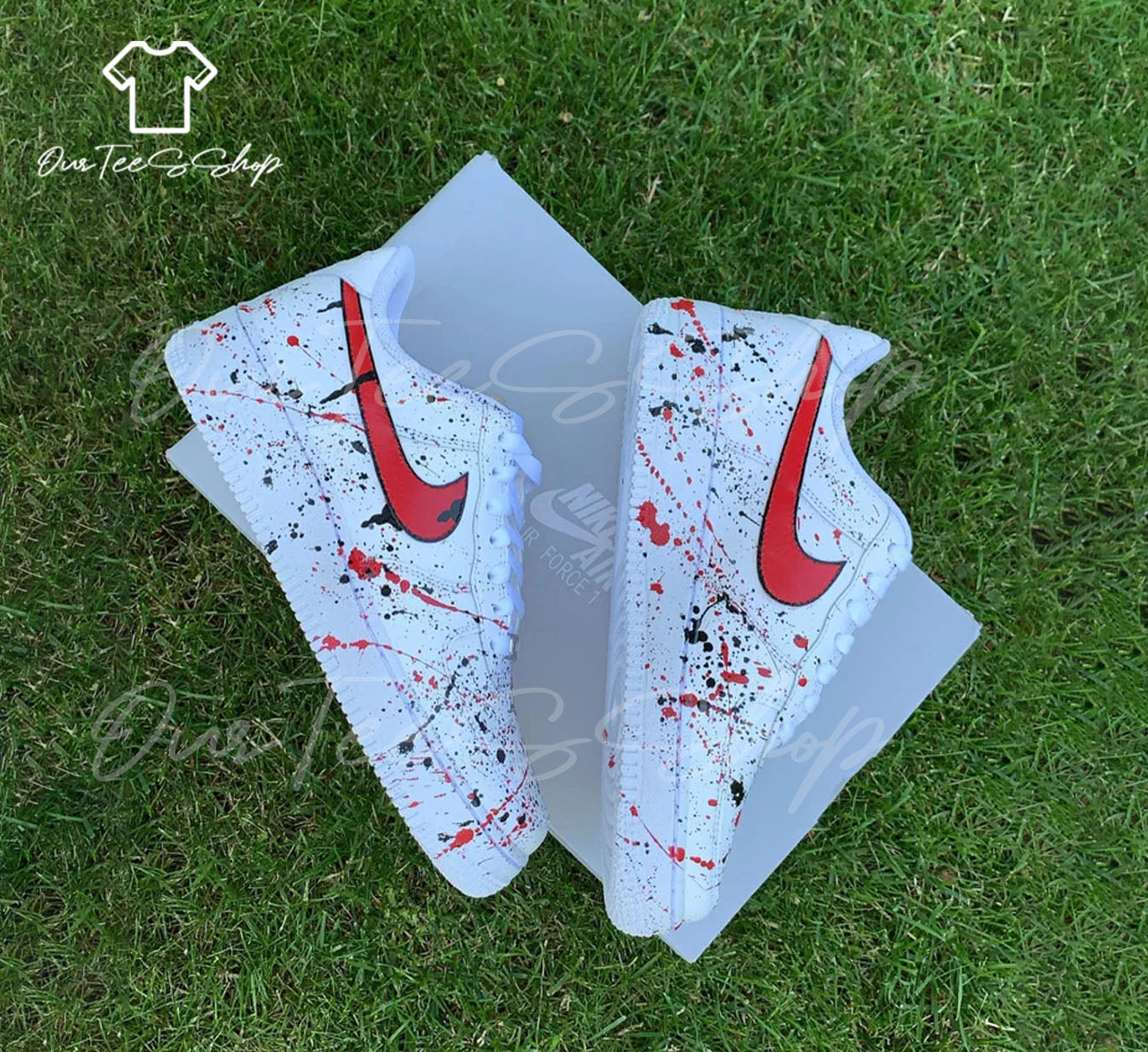 Custom Splatter Black and Red Air Force 1 Sneakers