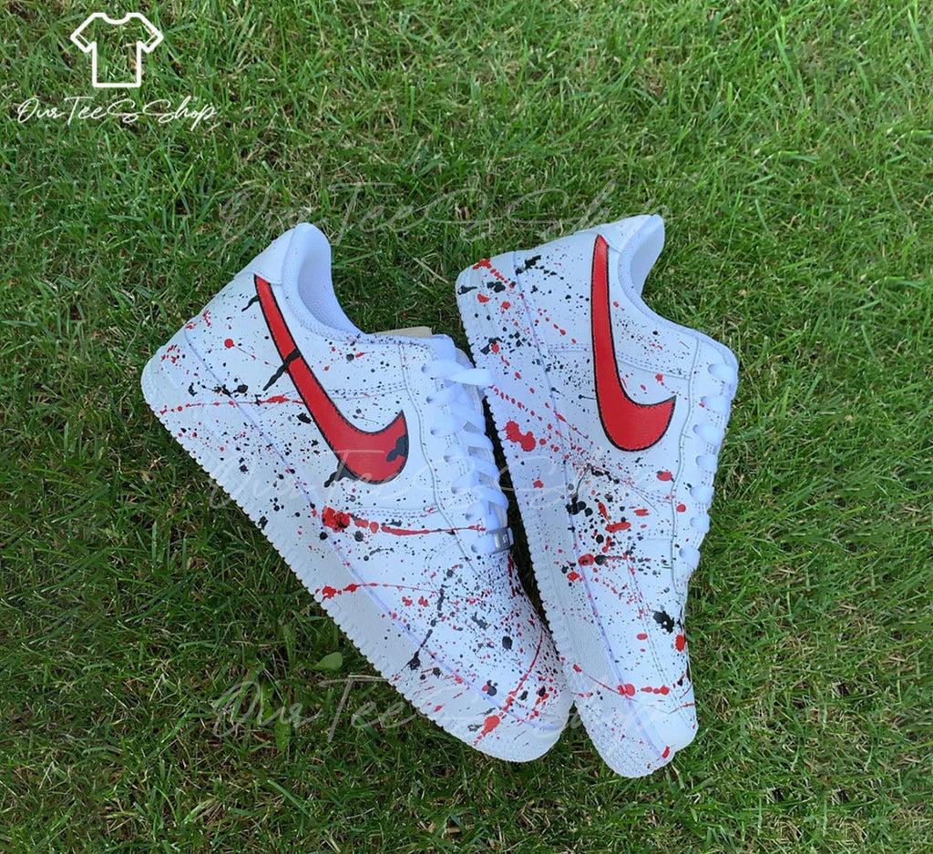 Custom Air Force 1 Splatter Black and Red, Personalized Shoes