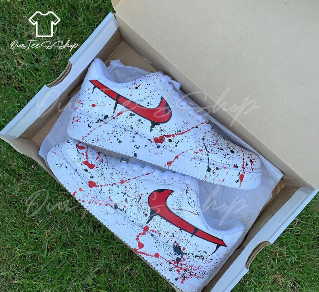 Custom Splatter Black and Red Air Force 1 Sneakers