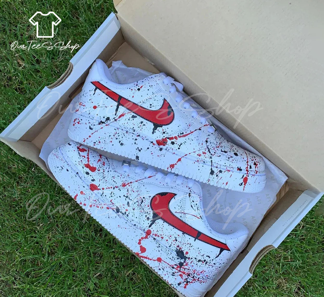 Custom Splatter Black and Red Air Force 1 Sneakers