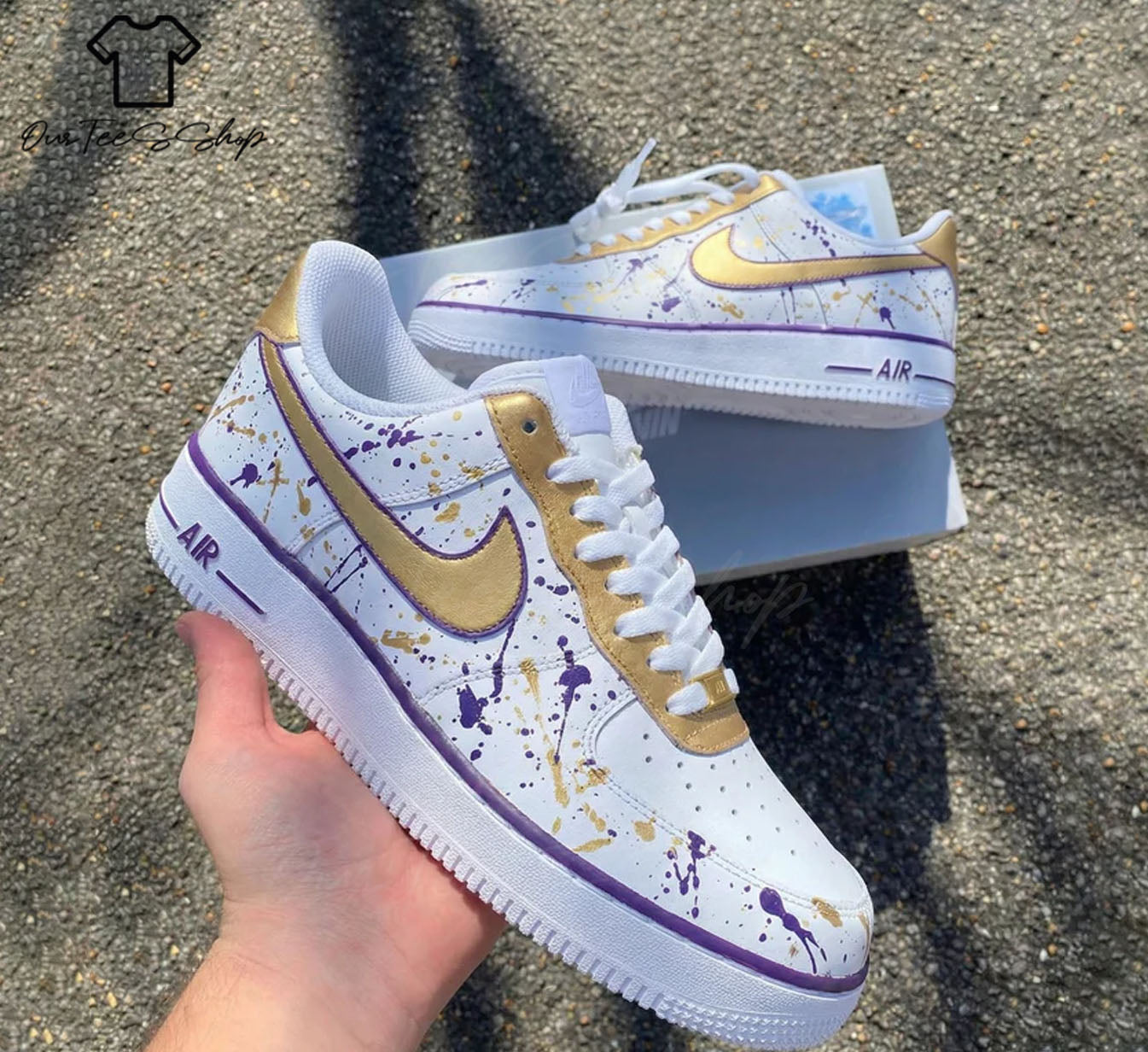 Custom Air Force 1 Gold Purple Splatter, Personalized Shoes