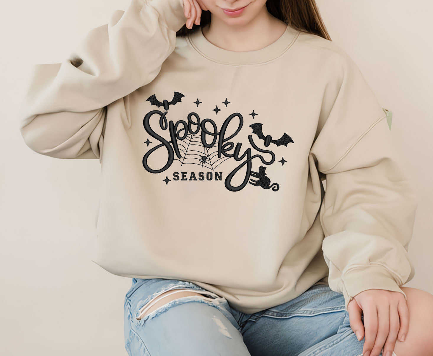 Spooky Season Black Cat Embroidered Sweatshirt, Cat Embroidered T-shirt Gift For Halloween