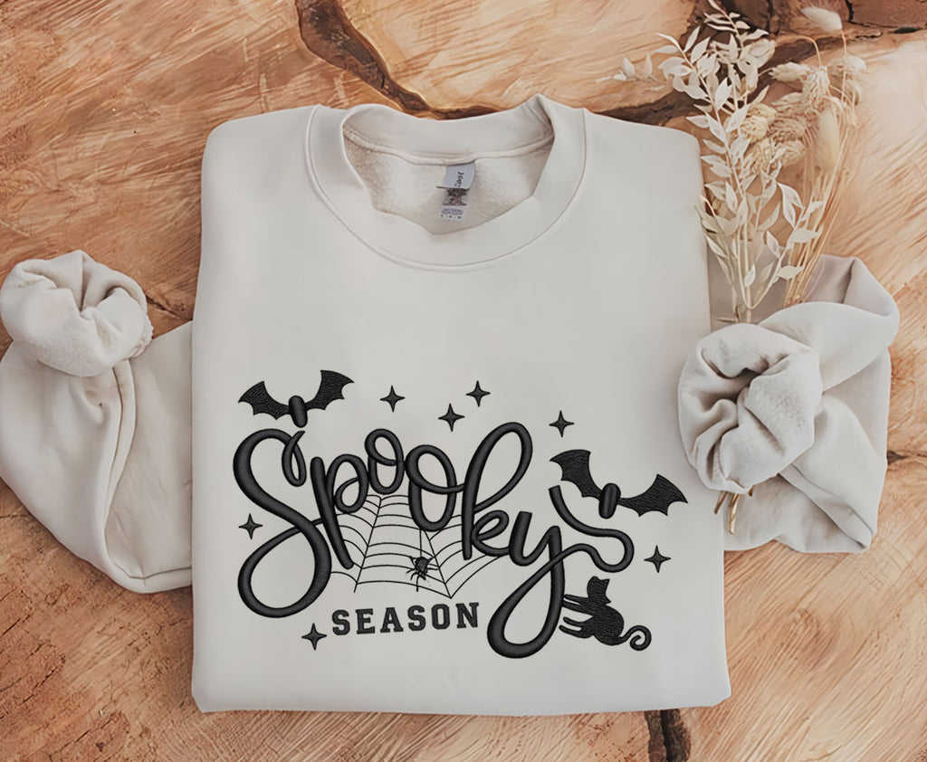 Spooky Season Black Cat Embroidered Sweatshirt, Cat Embroidered T-shirt Gift For Halloween