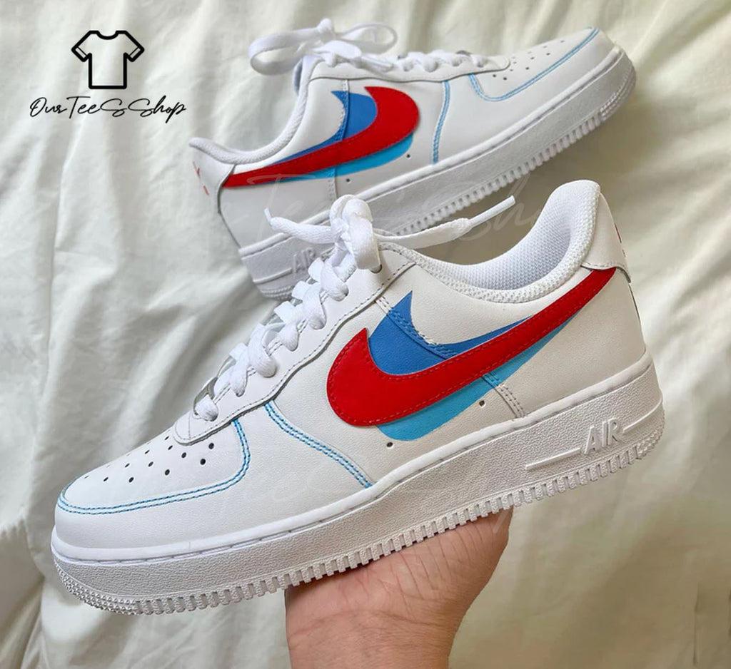 Custom Swoosh Red and Blue Air Force 1 Sneakers