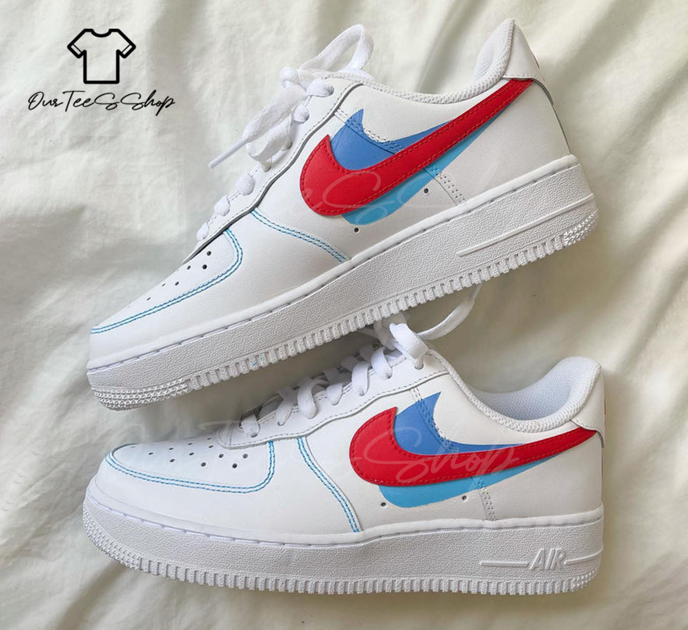 Custom Swoosh Red and Blue Air Force 1 Sneakers