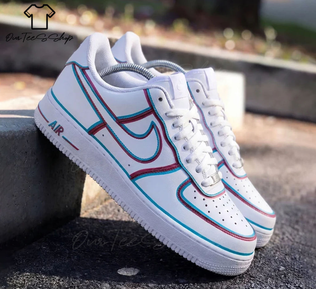 Custom Air Force 1 Teal Burgundy Outline, Personalized Shoes