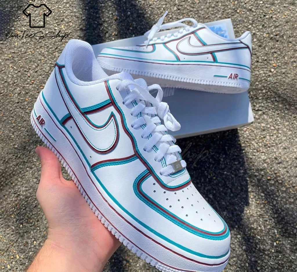 Custom Air Force 1 Teal Burgundy Outline, Personalized Shoes