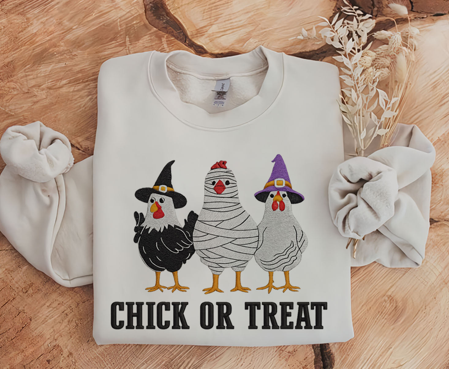 Trick or Treat Chicken Embroidered Sweatshirt, Chicken Embroidered T-shirt Gift For Halloween